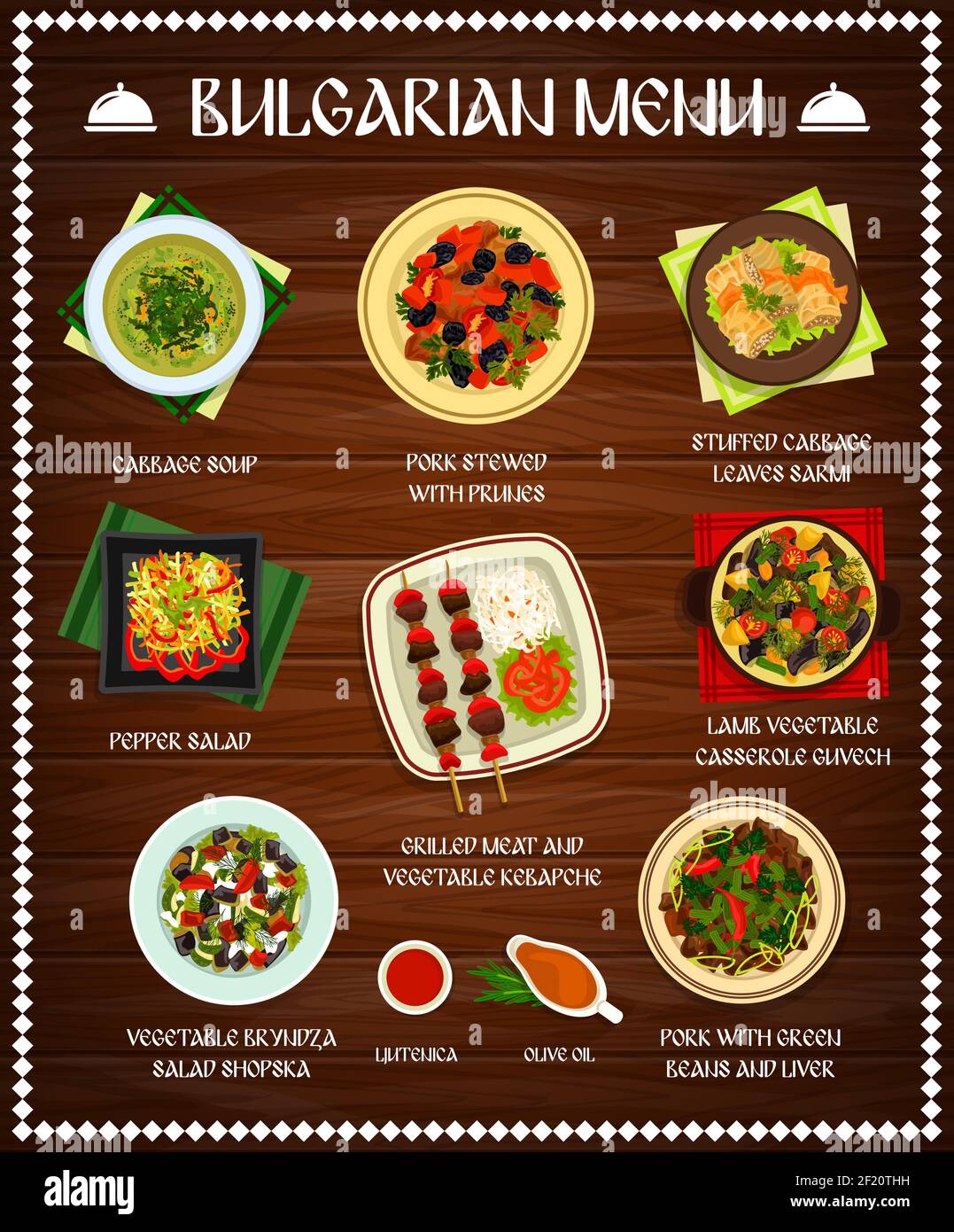 Bulgarian cuisine vector menu template cabbage soup, pork stewed with ...