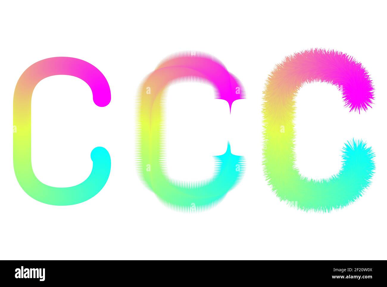 Cute fur neon c letter in three styles. multicolor letters for gift products, toys Stock Vector