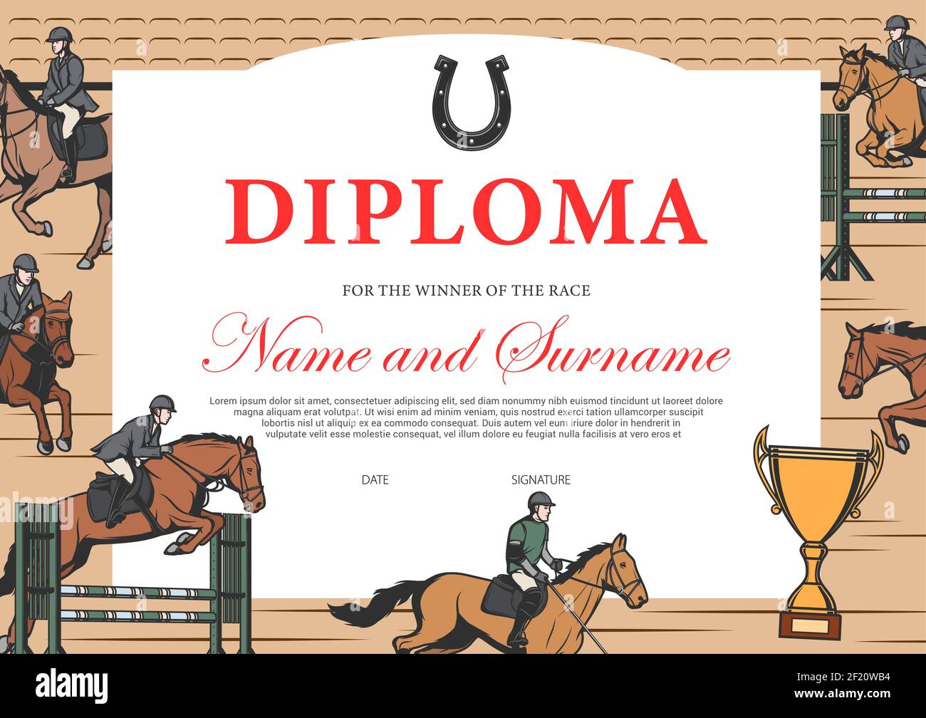 Horse race winner diploma, certificate vector template. Stallion racing
