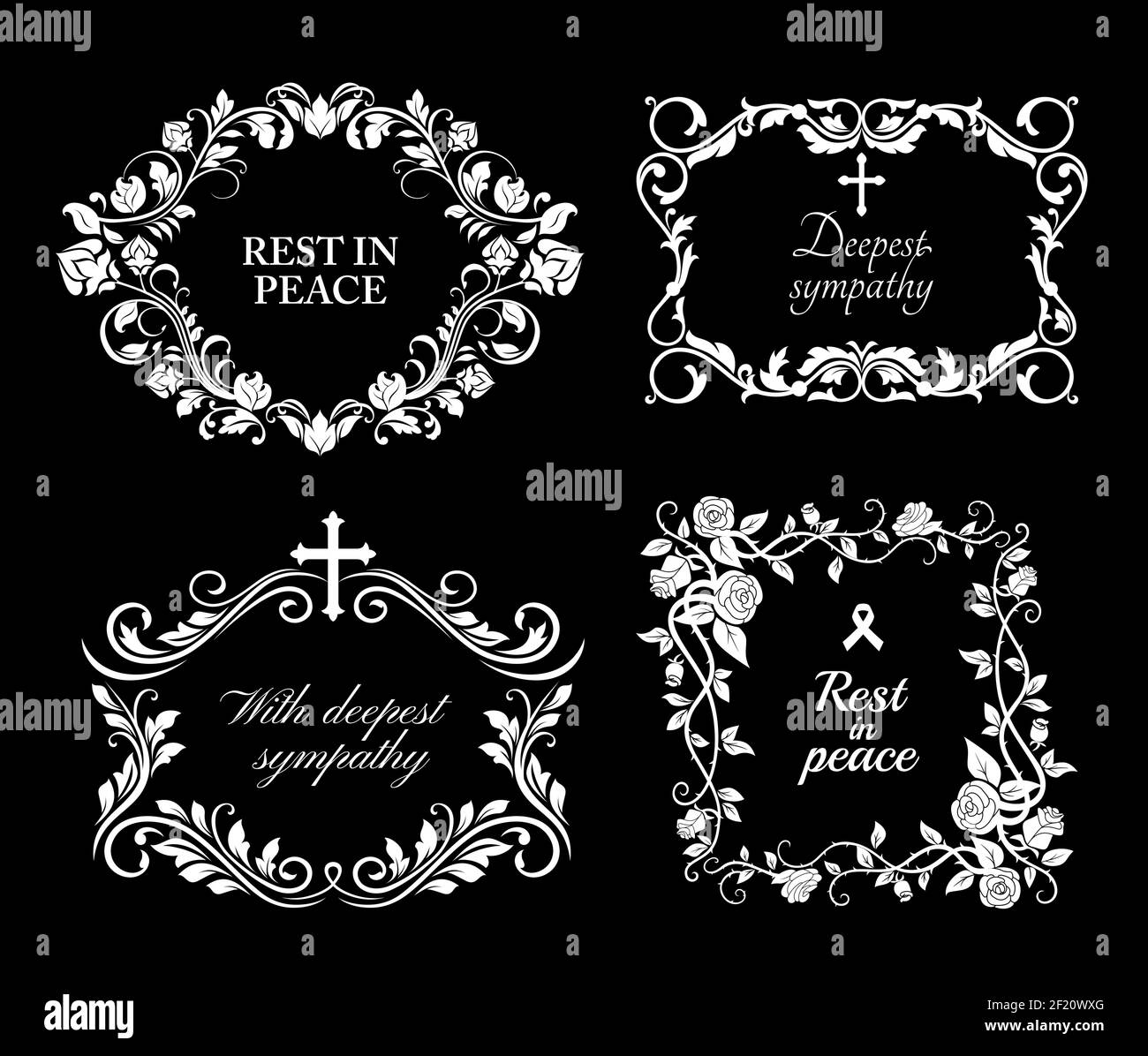 Funeral vector frames, isolated wreaths of floral design with blossoms and leaves. Mourning white flowers, flourishes, ribbon condolence typography. O Stock Vector