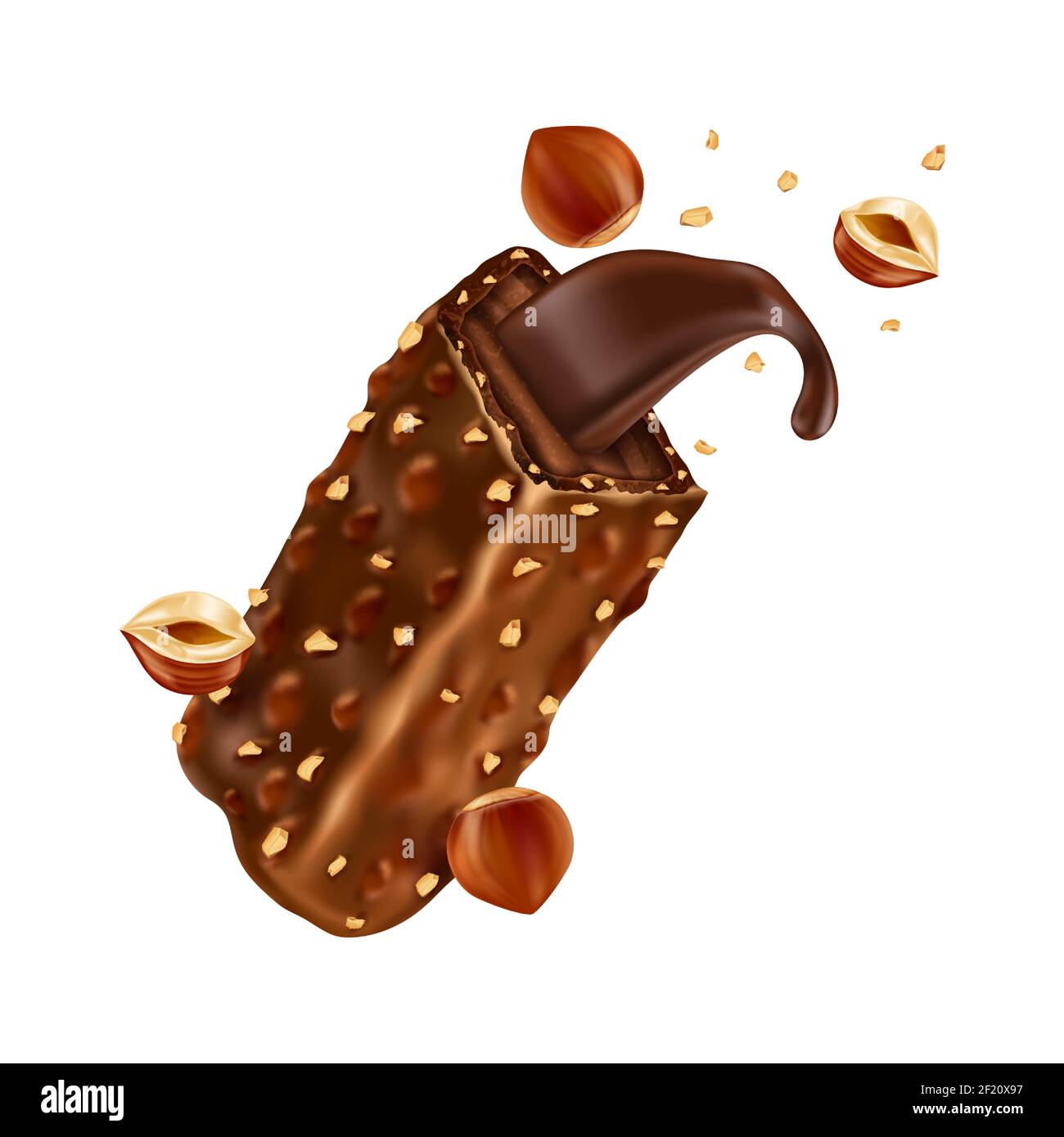 Sweet chocolate bar with hazelnut pieces and caramel. Vector realistic illustration of broken chocolate candy with crushed nuts and cocoa cream isolated on white background Stock Vector