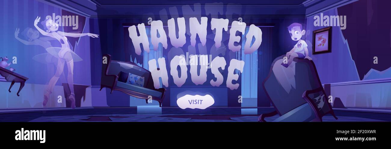 Haunted house banner with cartoon illustration of ghosts in old abandoned  living room with broken furniture at night. Vector landing page of  Halloween party or scary show with spirits Stock Vector Image