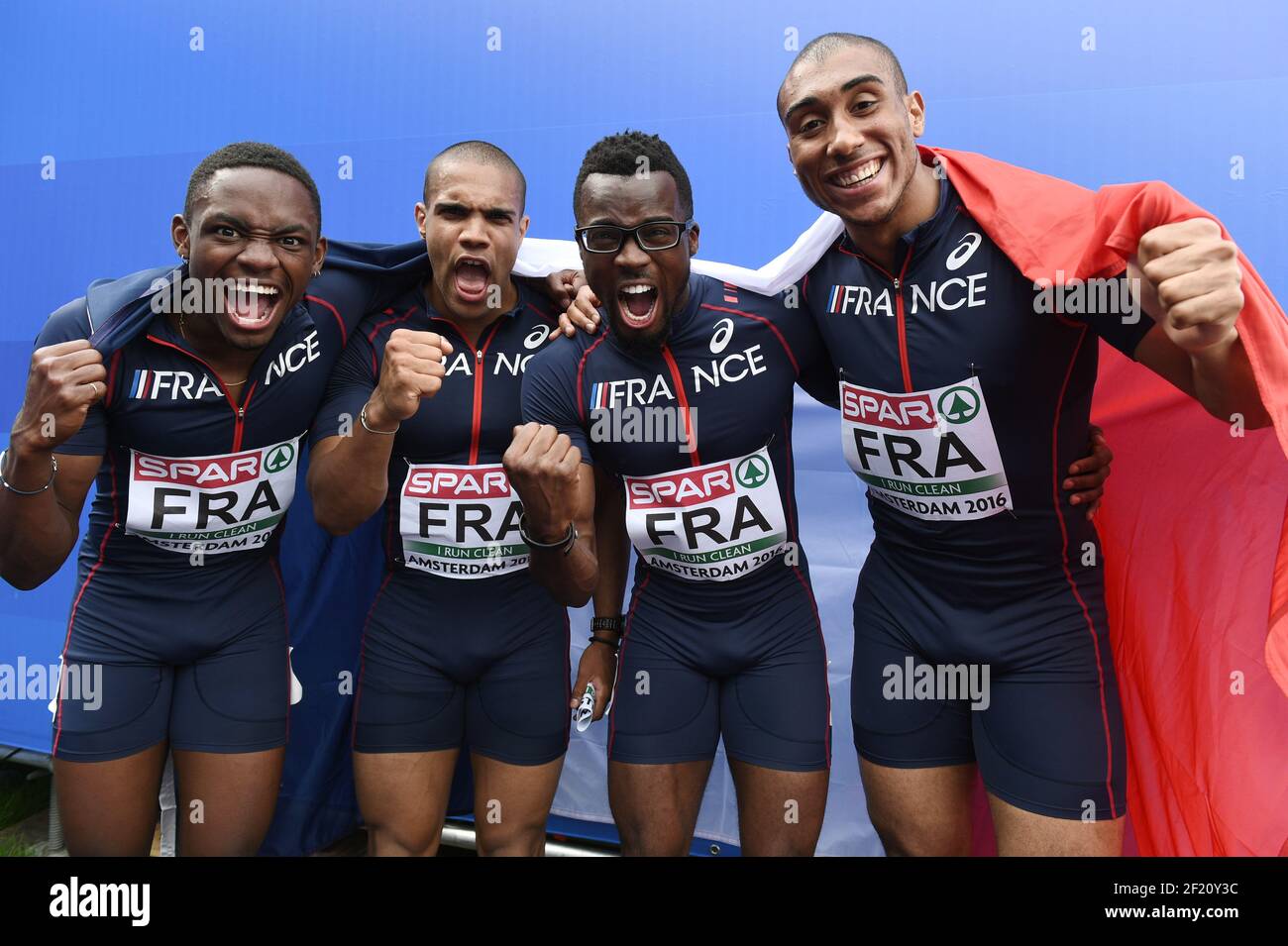 France's Marvin Rene, Stuart Dutamby, Mickael Zeze, and Jimmy Vicaut pose after their second place in 4x400m relay during the Athletics European Championships 2016, in Amsterdam, Netherlands, day 5, on July 10, 2016 - Photo Philippe Millereau / KMSP / DPPI Stock Photo