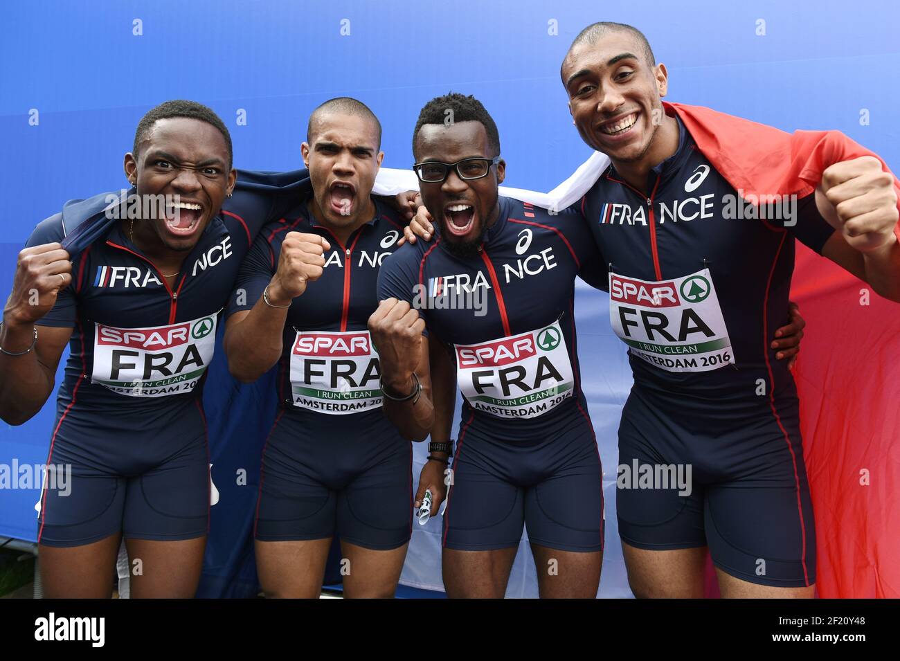 France's Marvin Rene, Stuart Dutamby, Mickael Zeze, and Jimmy Vicaut pose after their second place in 4x400m relay during the Athletics European Championships 2016, in Amsterdam, Netherlands, day 5, on July 10, 2016 - Photo Philippe Millereau / KMSP / DPPI Stock Photo