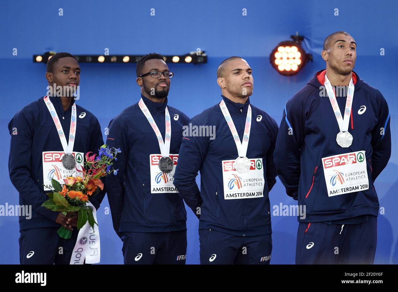 France's Marvin Rene, Mickael Zeze, Stuart Dutamby and Jimmy Vicaut pose with the silver medal on 4x400m relay podium during the Athletics European Championships 2016, in Amsterdam, Netherlands, day 5, on July 10, 2016 - Photo Philippe Millereau / KMSP / DPPI Stock Photo