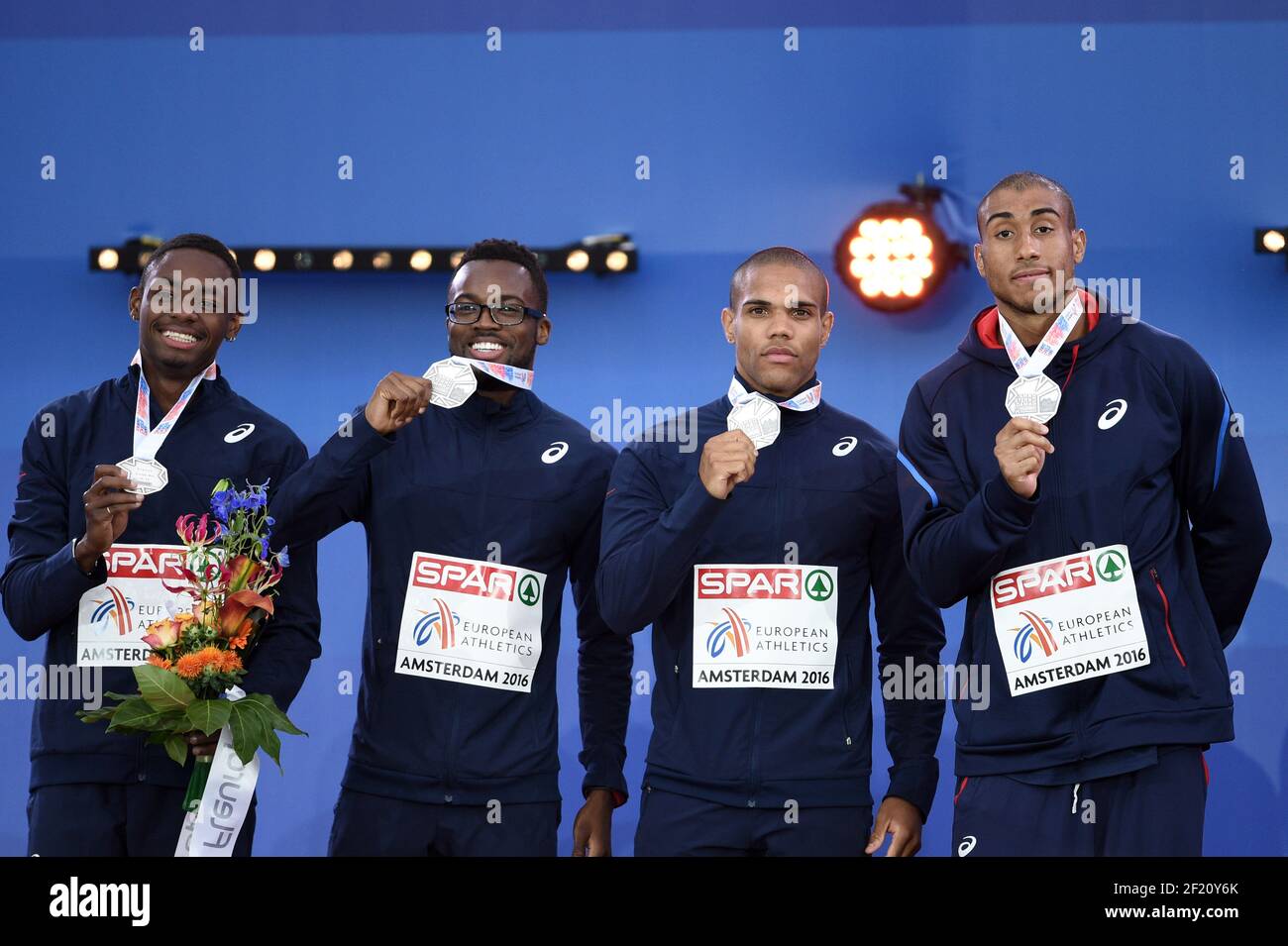 France's Marvin Rene, Mickael Zeze, Stuart Dutamby and Jimmy Vicaut pose with the silver medal on 4x400m relay podium during the Athletics European Championships 2016, in Amsterdam, Netherlands, day 5, on July 10, 2016 - Photo Philippe Millereau / KMSP / DPPI Stock Photo
