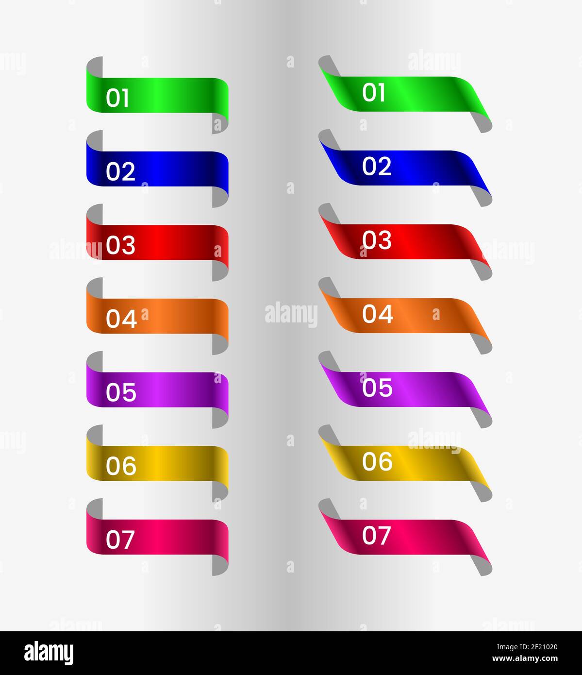 Colorful ribbon set, 7 colors green, blue, red, orange, violet, yellow, pink. Vector design elements Stock Vector