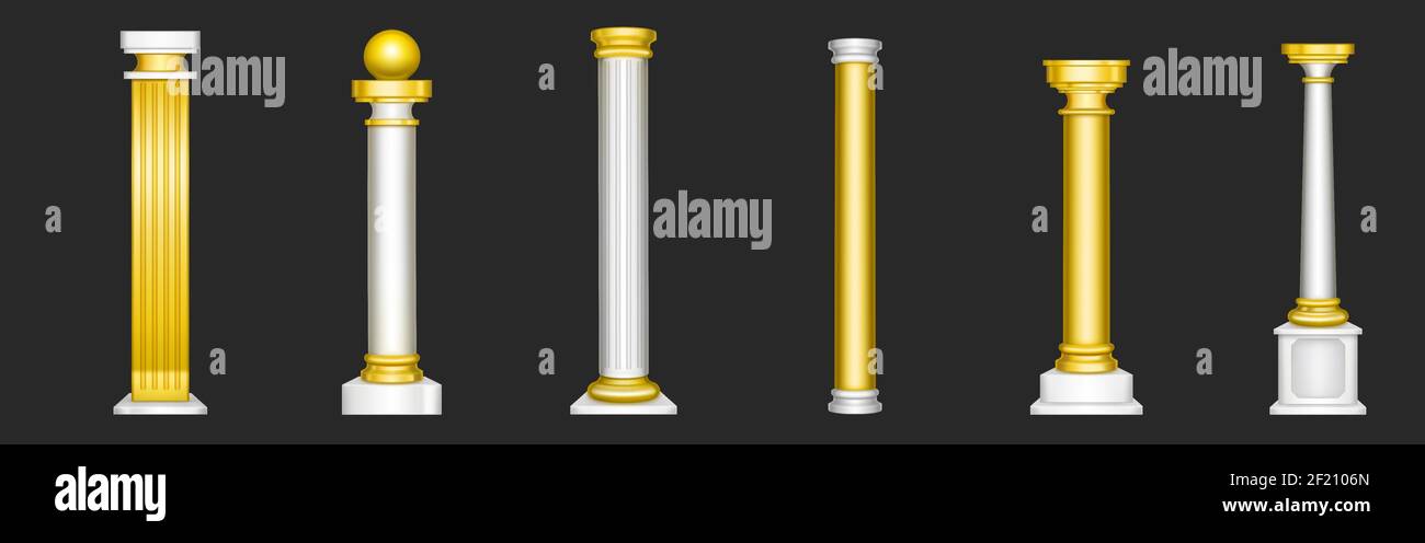 Ancient roman columns, gold and white marble architecture decor. Vector realistic set of 3d antique greek white stone pillars with golden capitals isolated on black background Stock Vector