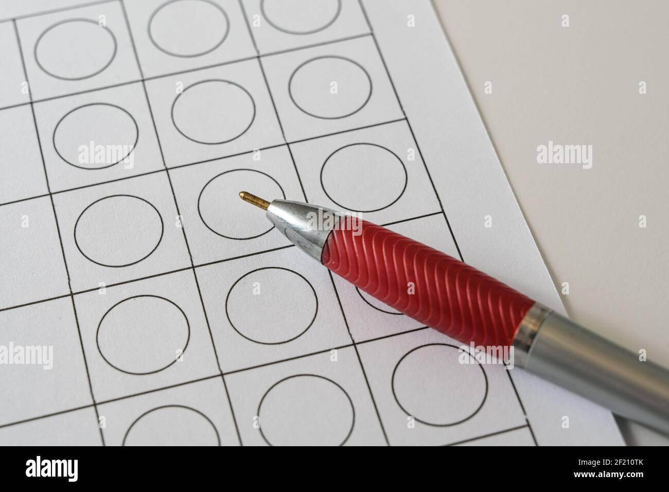 Empty paper form with selection boxes and a ballpoint pen, business application questionnaire or election ballot for a voting, copy space, selected fo Stock Photo