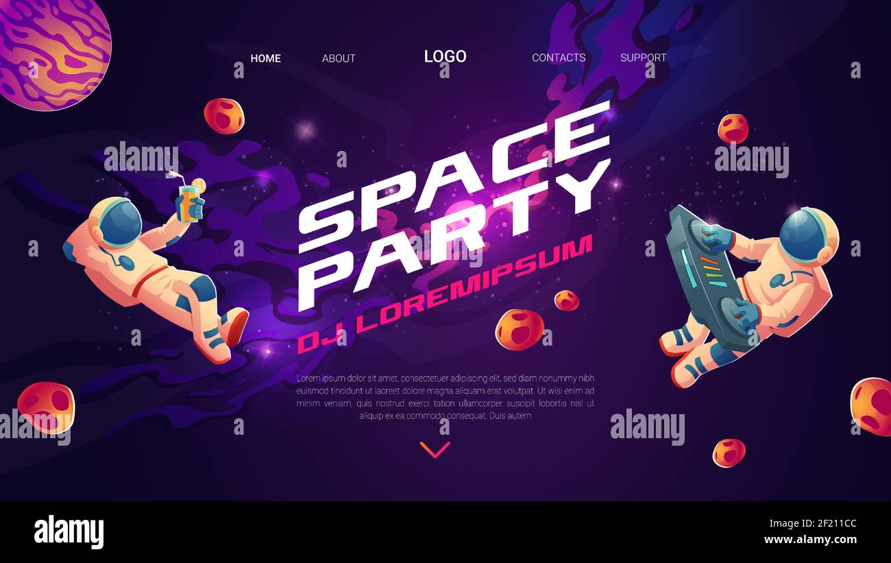 Space party cartoon flyers, invitation to music show with astronaut dj with turntable in open space, spaceman mixing techno sounds, cosmos, galaxy posters free drinks and parking Vector illustration Stock Vector