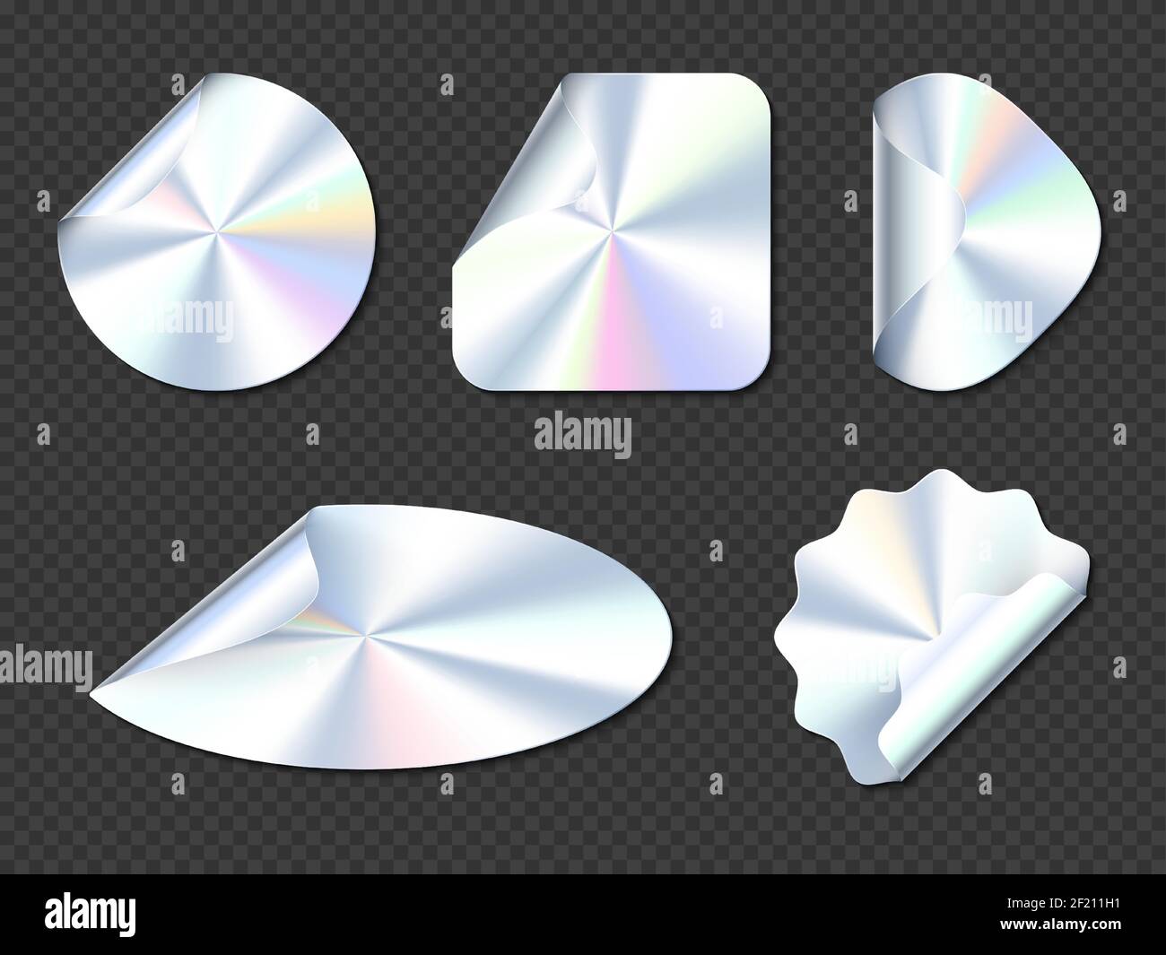 Holographic stickers, hologram labels with curl edges. Round, square, oval, rhombus and wavy iridescent foil or silver colored blank rainbow shiny emblems or patches, Realistic 3d vector icons set Stock Vector