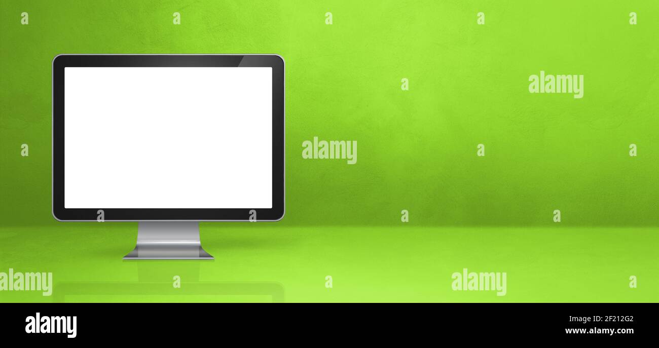Computer pc - green office desk banner. 3D Illustration Stock Photo - Alamy