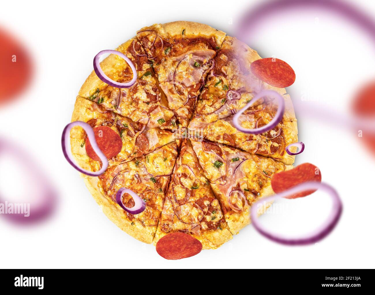 Italian traditional pizza concept on color background, levitated with ...