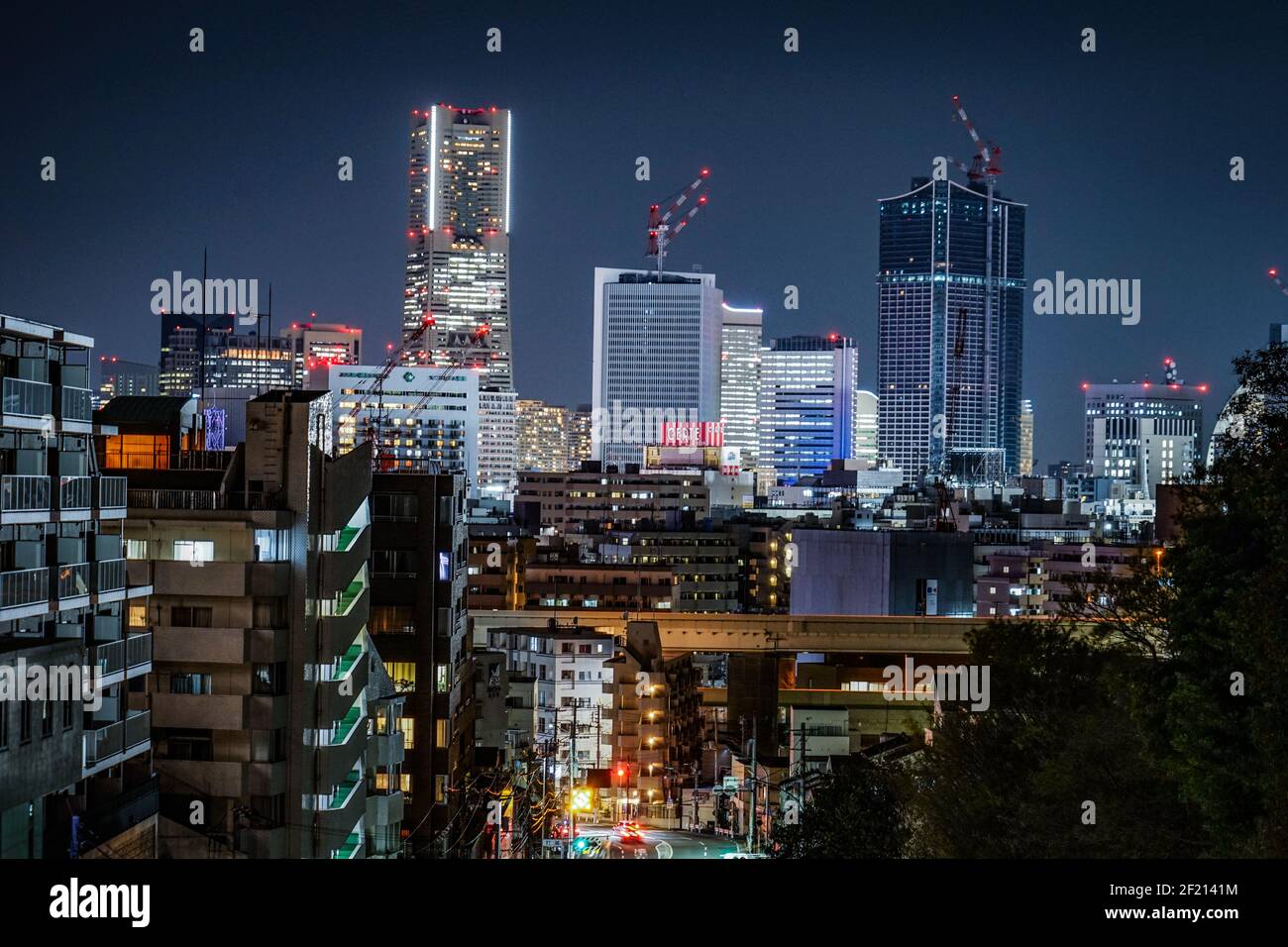 Night view and traffic of Yokohama Minato Mirai of buildings Stock Photo