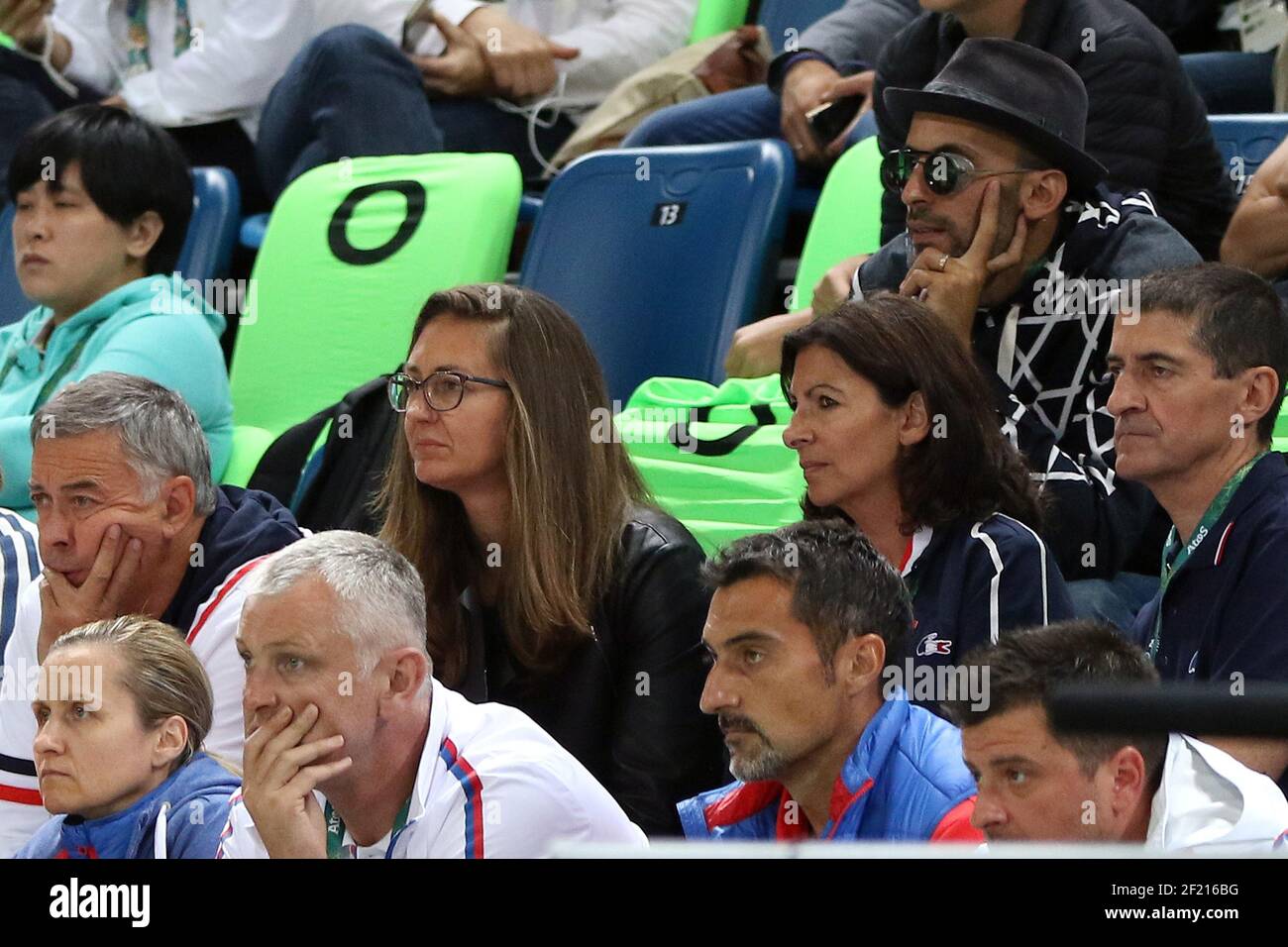 Mary Pierce (French Tennis woman) , Anne Hidalgo (Mayor of Paris) and the French artist JR during the Olympic Games RIO 2016, Basketball Men, France v Serbia, on August 10, 2016, in Rio, Brazil - Photo Eddy Lemaistre / KMSP / DPPI Stock Photo