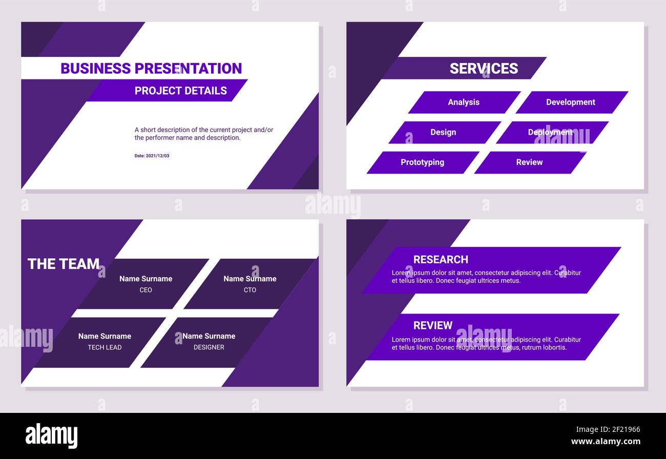 Business presentation design template. Project details, services, team, research and review. Simple flat oblique lines, triangles, purple color, 4 sli Stock Vector