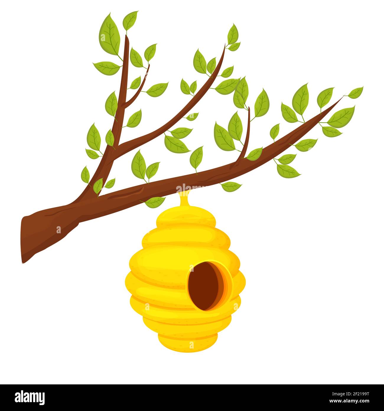 Bee hive on tree branch in cartoon style isolated on white background. Wild, hanging construction. Bee colony home. . Vector illustration Stock Vector