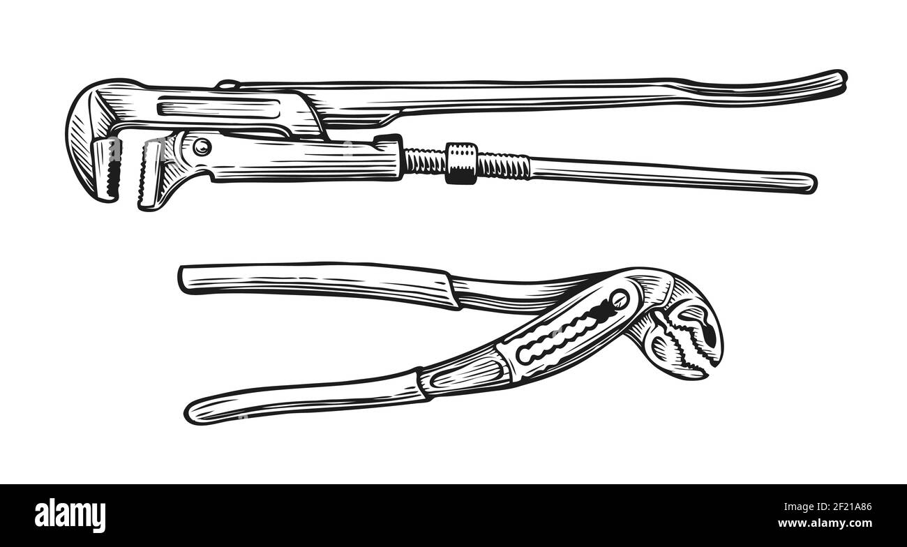 Adjustable wrench sketch. Set of tools in vintage engraving style Stock Vector