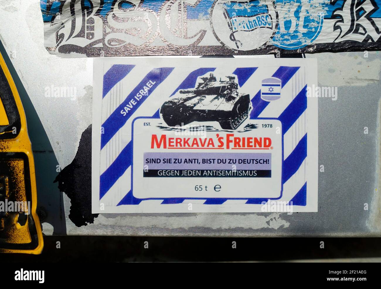 Sticker, Merkava's Friend, save Israel, Berlin, Germany Stock Photo