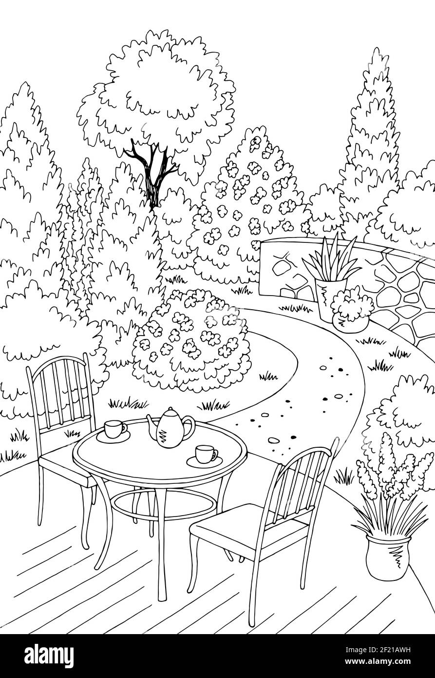 Garden graphic backyard table black white sketch vertical illustration vector Stock Vector