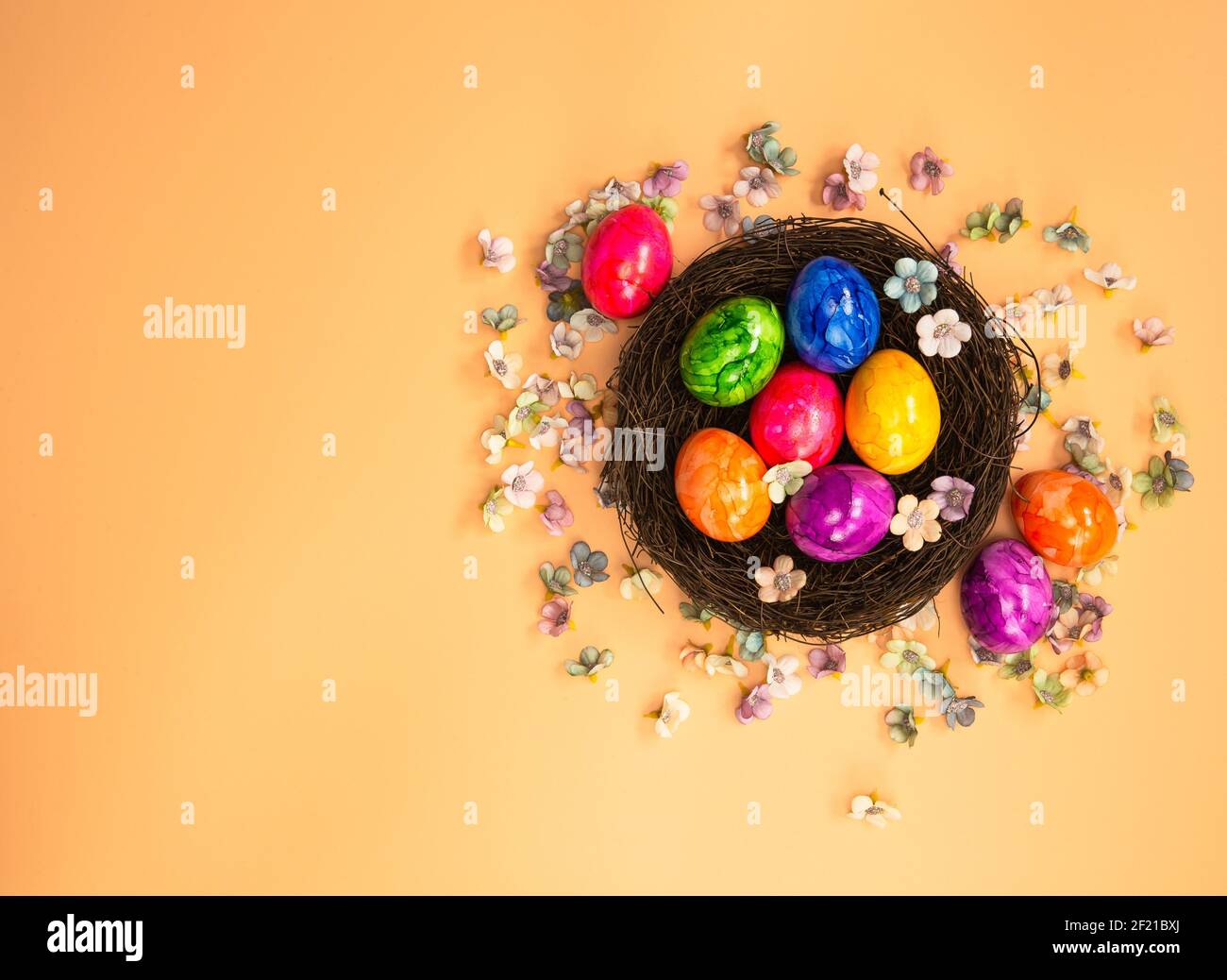 Colorful painted Easter Egg Nest with orange pastel colored background ...