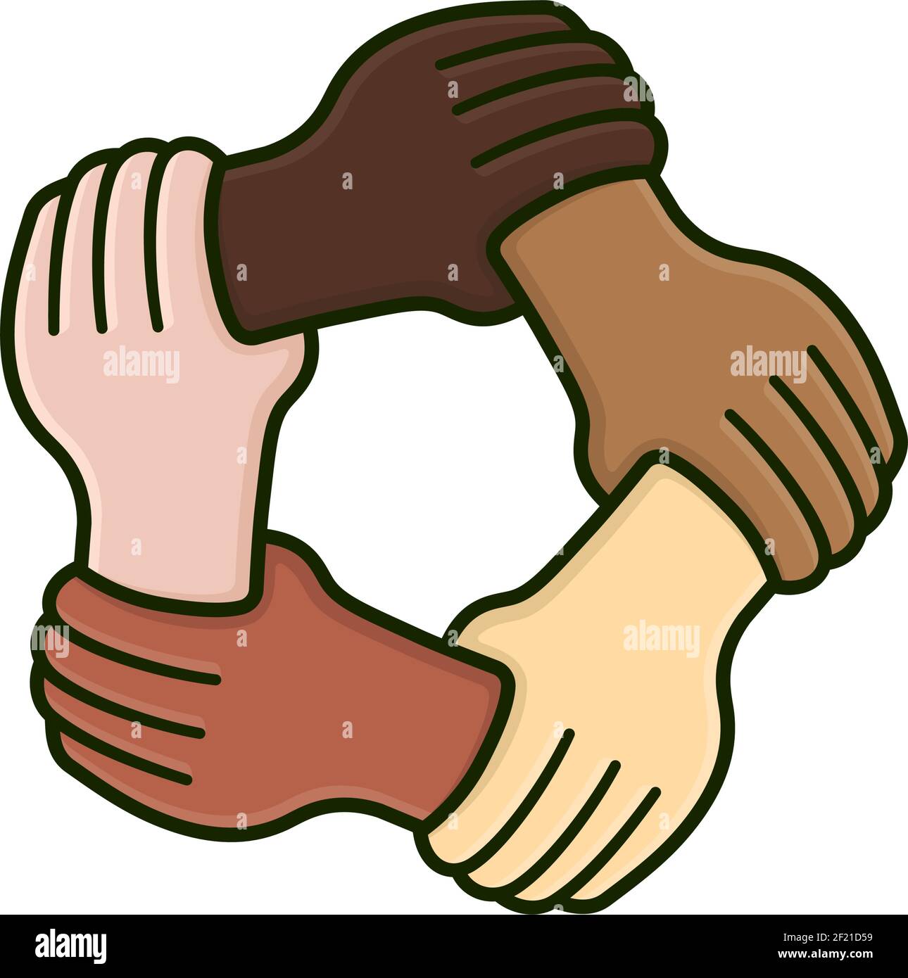Five hands of different skin colors holding each others wrist isolated
