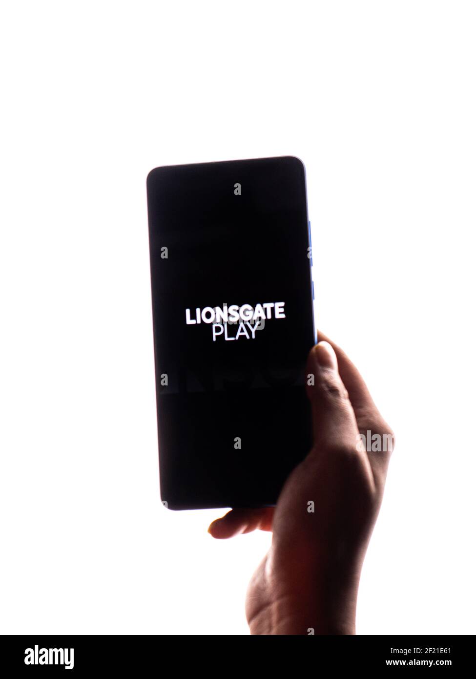 Assam, india - March 10, 2021 : Lionsgate Play logo on phone screen stock image. Stock Photo