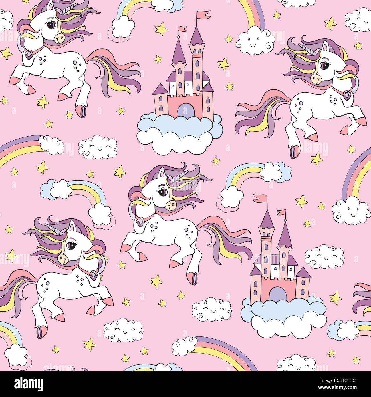 Seamless pattern cute unicorns, castle and in the cloudy sky isolated ...