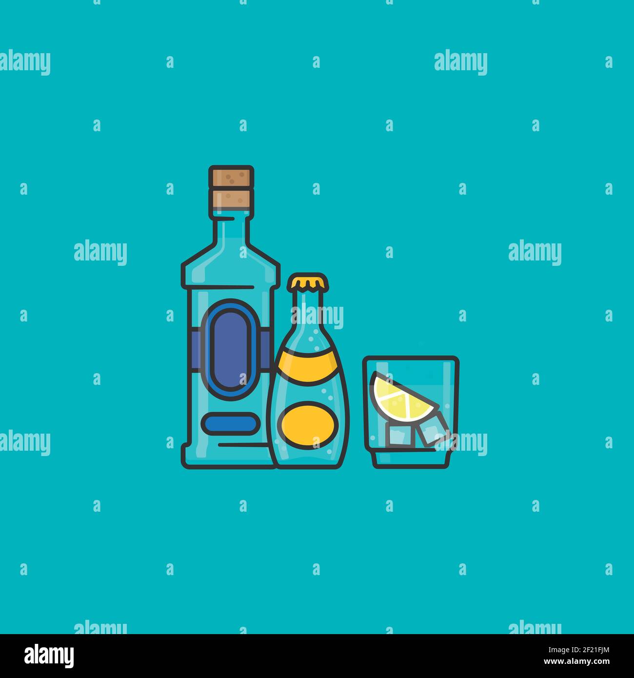 Bottles and mixed drink vector illustration for Gin and Tonic Day on