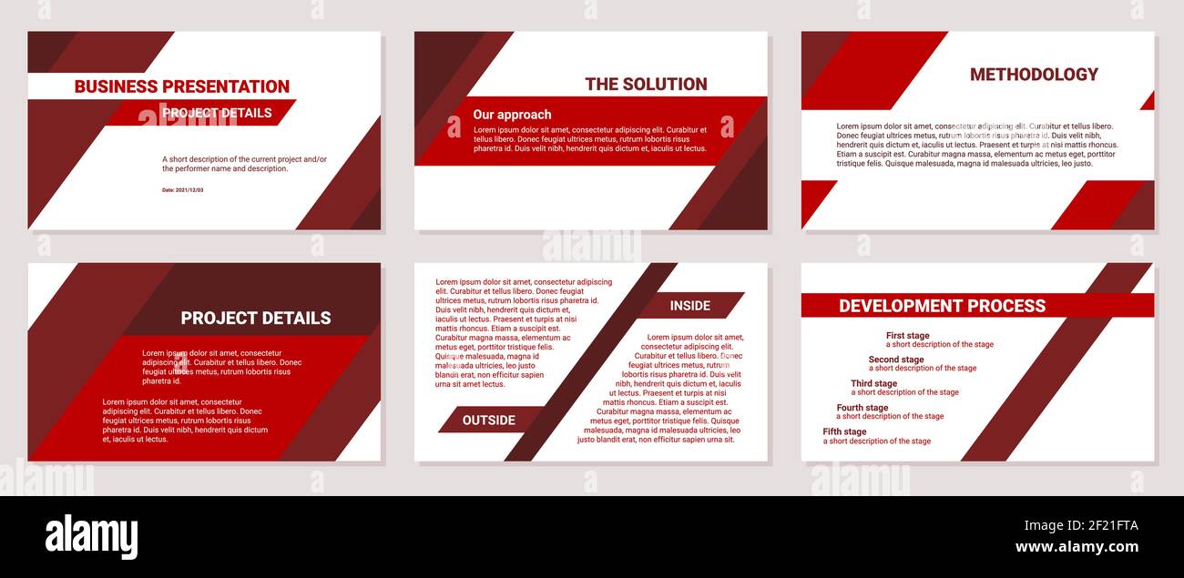 Business presentation design template. Solution, methodology, development process, red color, 6 slides. Modern corporate document. Stock Vector