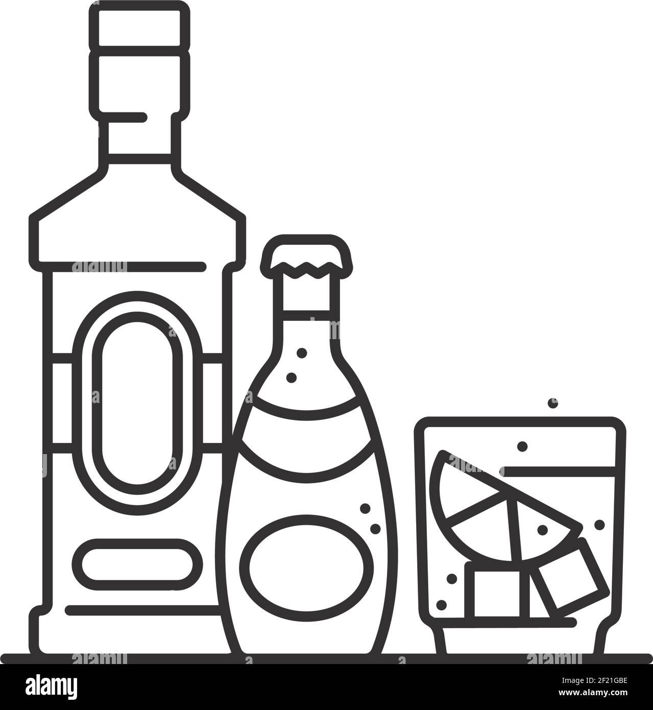Bottles and mixed drink vector line icon for Gin and Tonic Day on