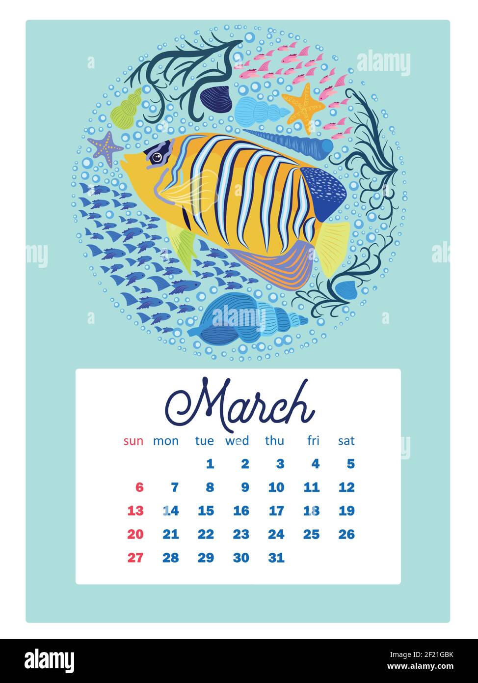 Marine Life. Wall Calendar Design Template For 2022, A4 Format. Week Starts On Sunday. Whale, Mermaid, Snail, Shark, Crab, Stingray, Seahorse, Dolphin Stock Vector Image & Art - Alamy