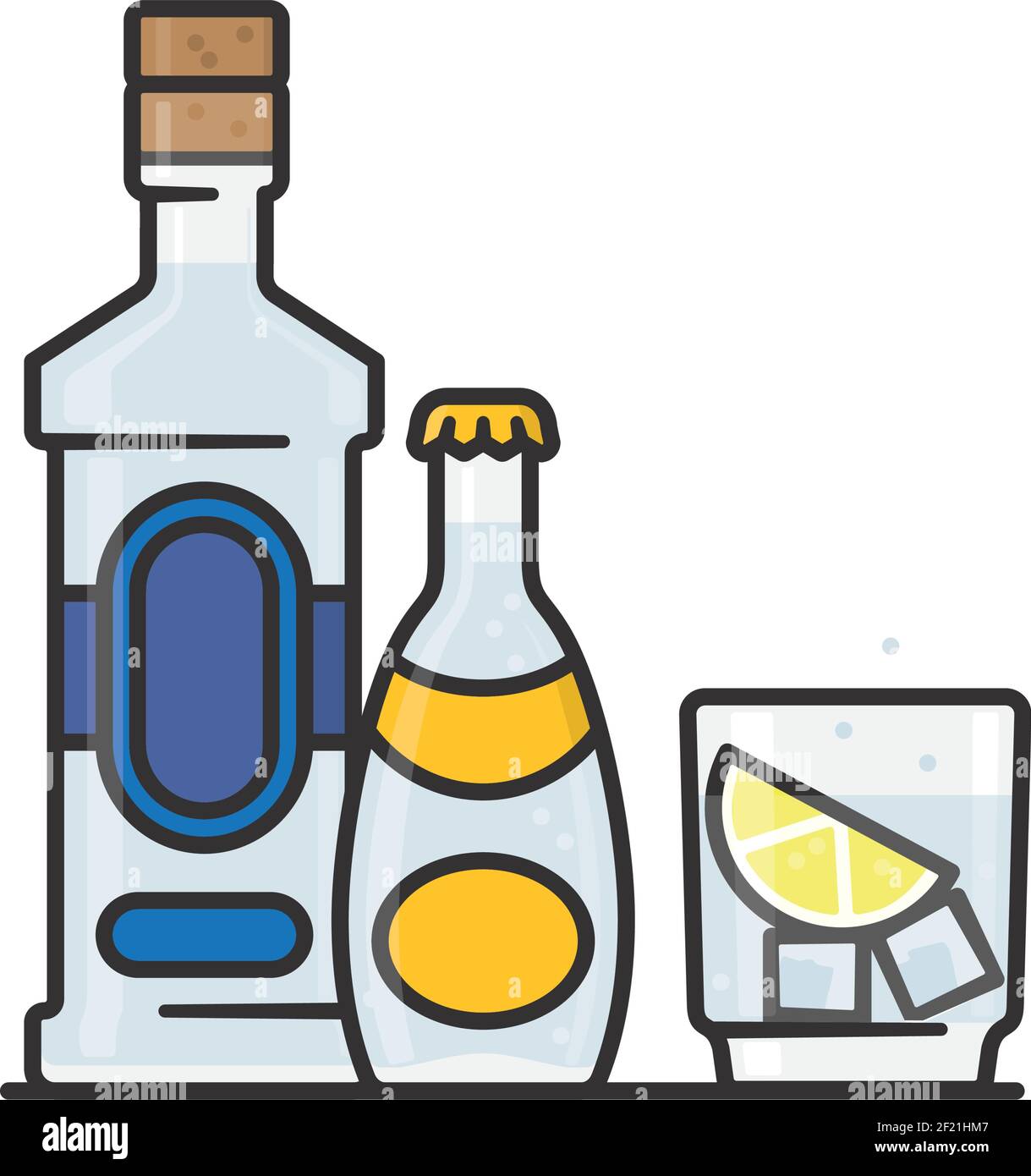 Bottles and mixed drink isolated vector illustration for Gin and Tonic