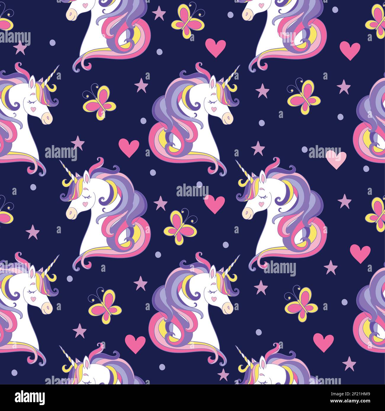 Seamless pattern with unicorn heads, hearts and butterflies isolated on  navy background. Vector illustration for party, print, baby shower,wallpaper,d  Stock Vector Image & Art - Alamy