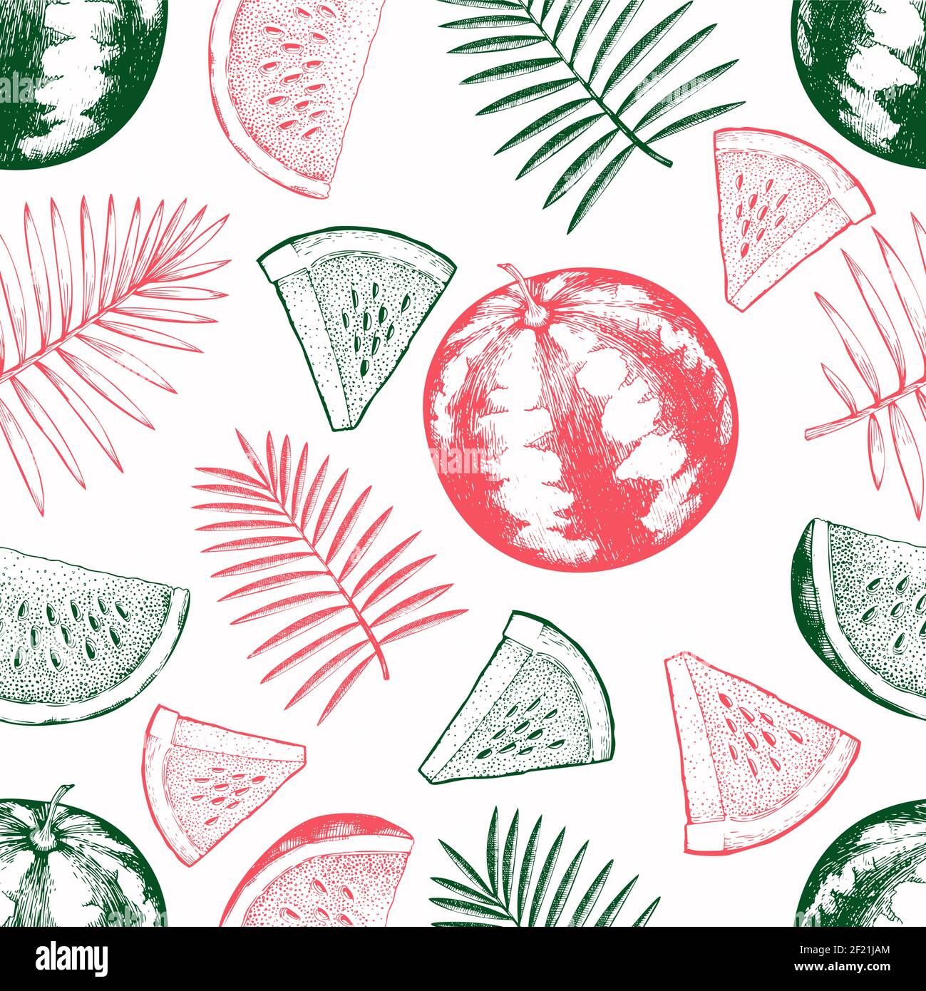 Watermelon and tropical leaves seamless pattern. Hand drawn vector ...