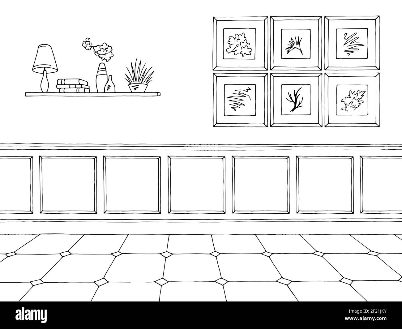 Room graphic black white empty classic home interior sketch