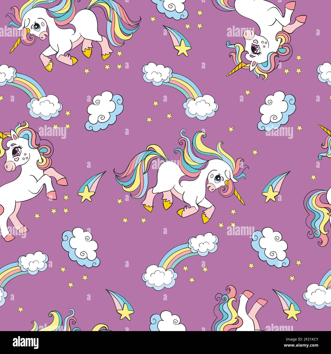 Seamless pattern cute unicorns and rainbows in the sky isolated on ...