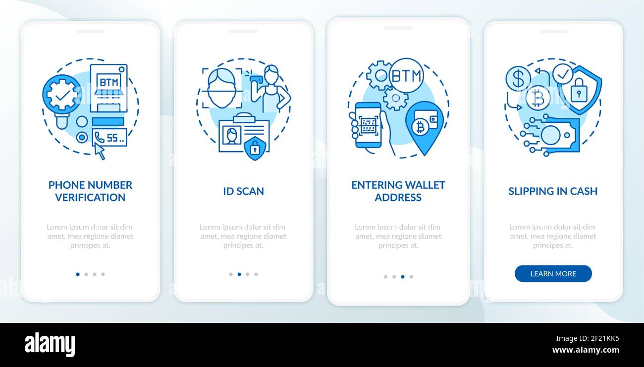 Bitcoin ATM verification steps onboarding mobile app page screen with concepts Stock Vector