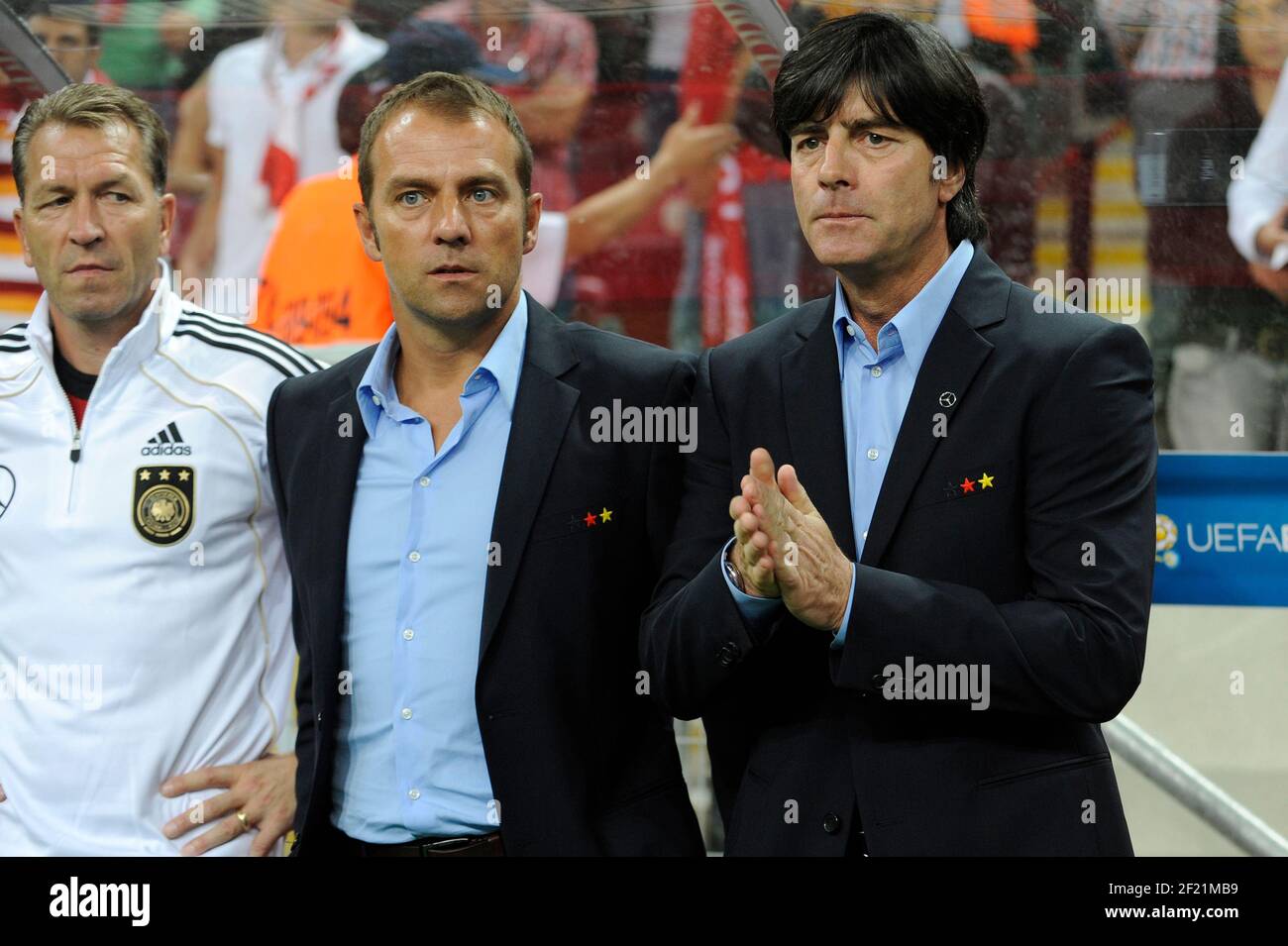 Hans Dieter Flick (Hansi, coach FC Bayern Munich) preferred candidate on the aftermath of national coach Joachim Jogi LOEW (GER) Archive photo: from left: Hans Dieter FLICK, co coach (GER), federal coach Joachim Jogi LOEW, LOW (GER), gesture, applaud. Soccer Laenderspiel EM qualification game for UEFA Euro 2012 in Poland/Ukraine, Turkey - Germany on 07.10.2011. | usage worldwide Stock Photo