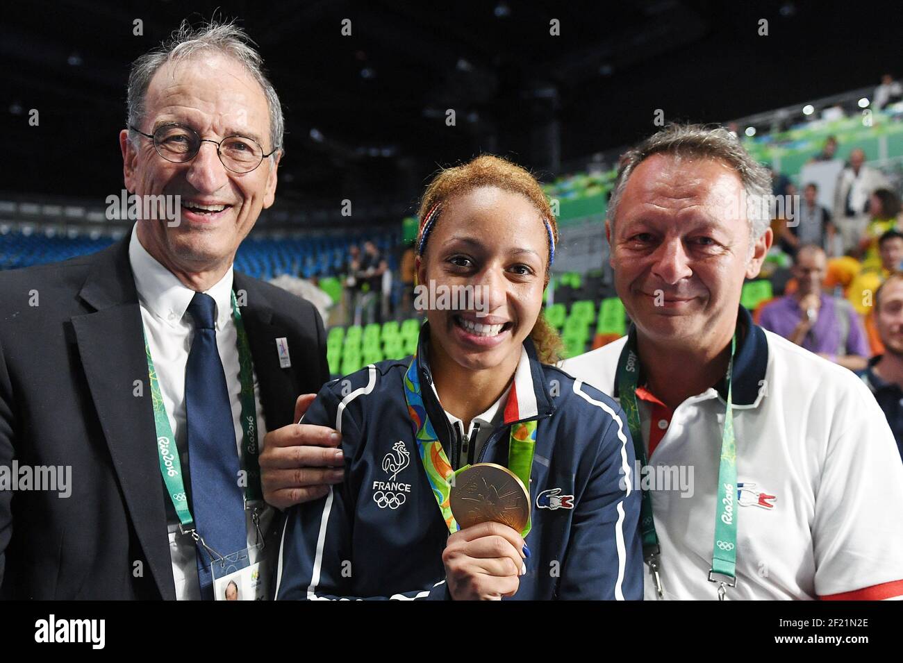 France's Estelle Mossely wins the gold medal in 57kg category, here with NOC France President Denis Masseglia and Sports Minister Denis Braillard during the Olympic Games RIO 2016, Boxing, on August 19, 2016, in Rio, Brazil - Photo Philippe Millereau / KMSP / DPPI Stock Photo