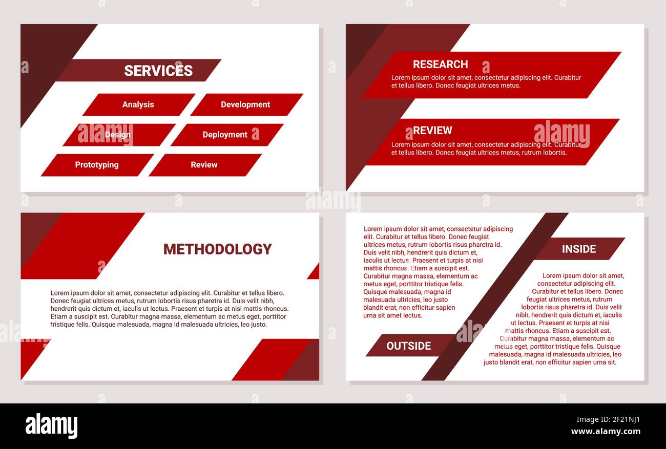 Business presentation design template. Solution, methodology, development process, red color, 4 slides. Modern corporate document. Stock Vector