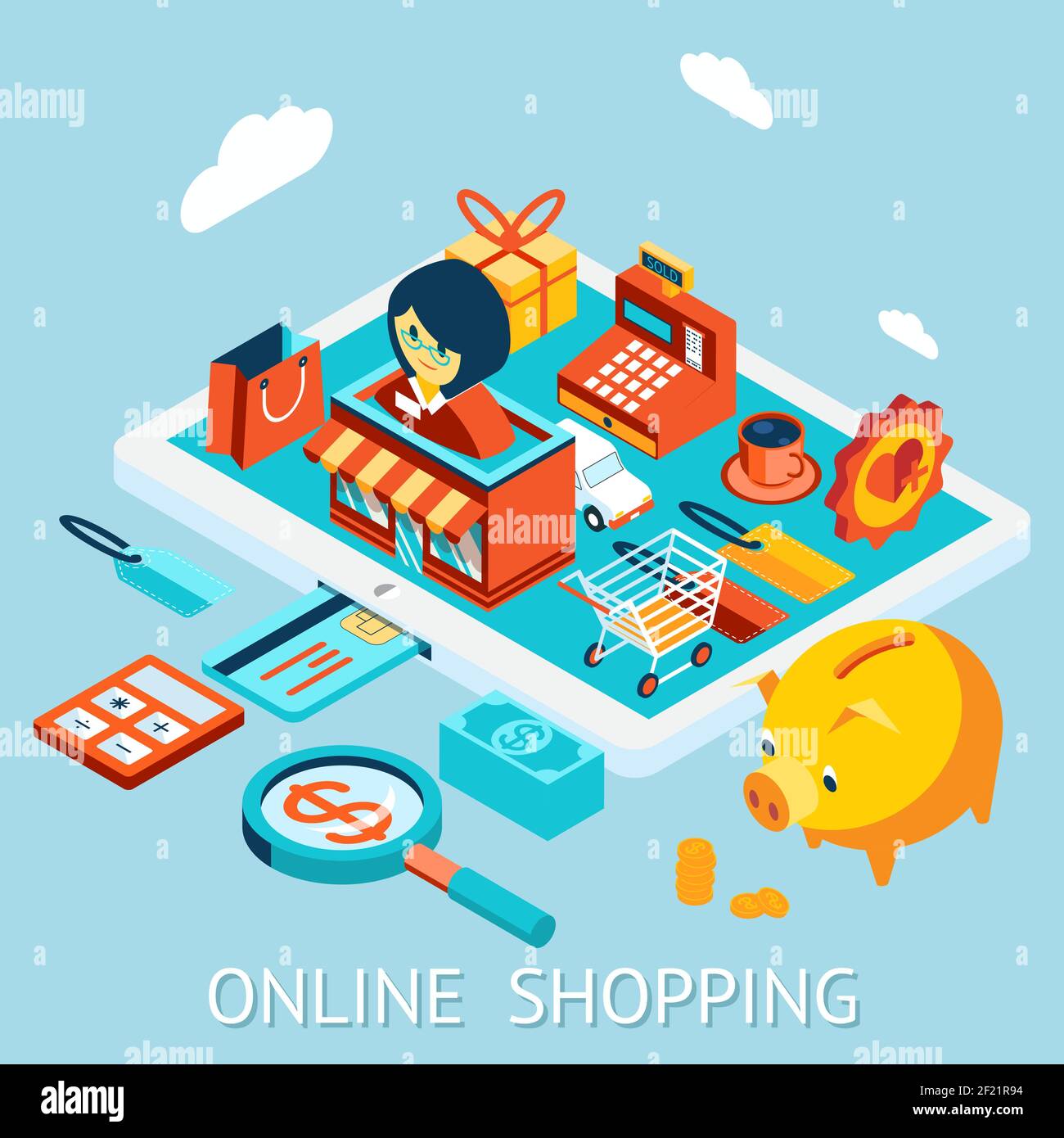 Online shopping on tablet computer. Order, sale, receipt of funds and delivery. Vector illustration Stock Vector