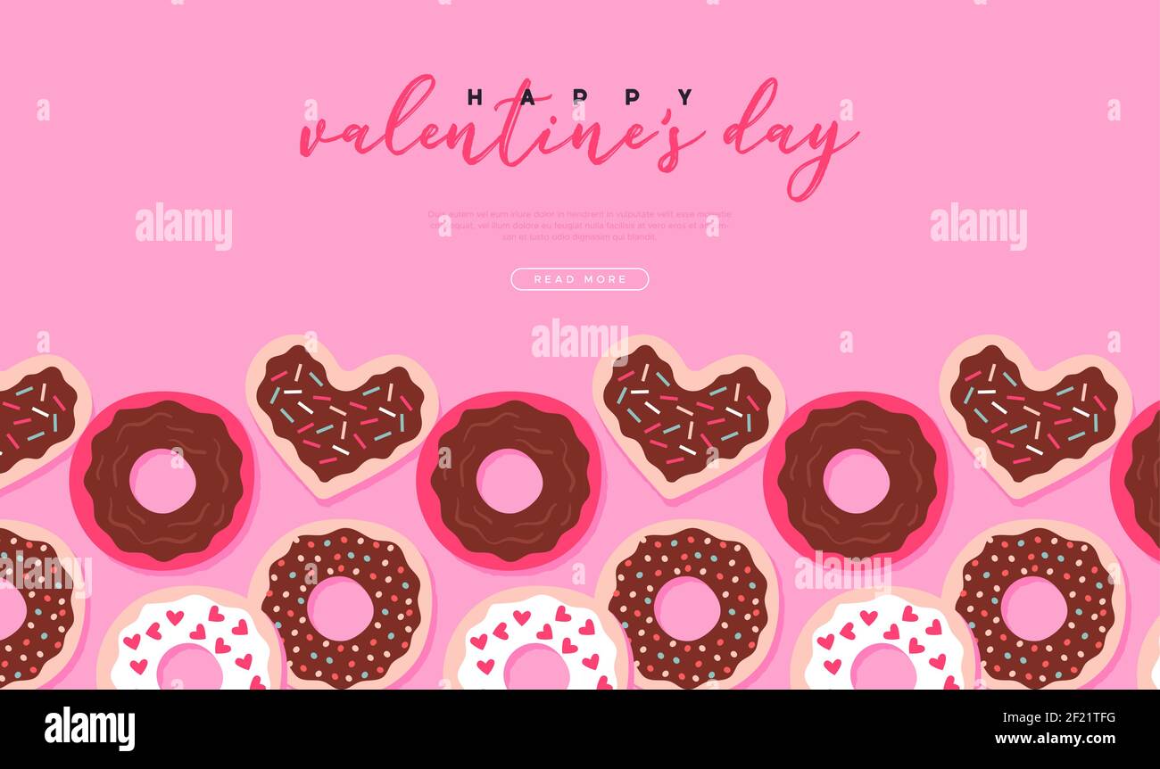 Happy Valentine's Day greeting card template, cute heart shape donut and pink chocolate cookie food with copy space. February 14 holiday event backgro Stock Vector