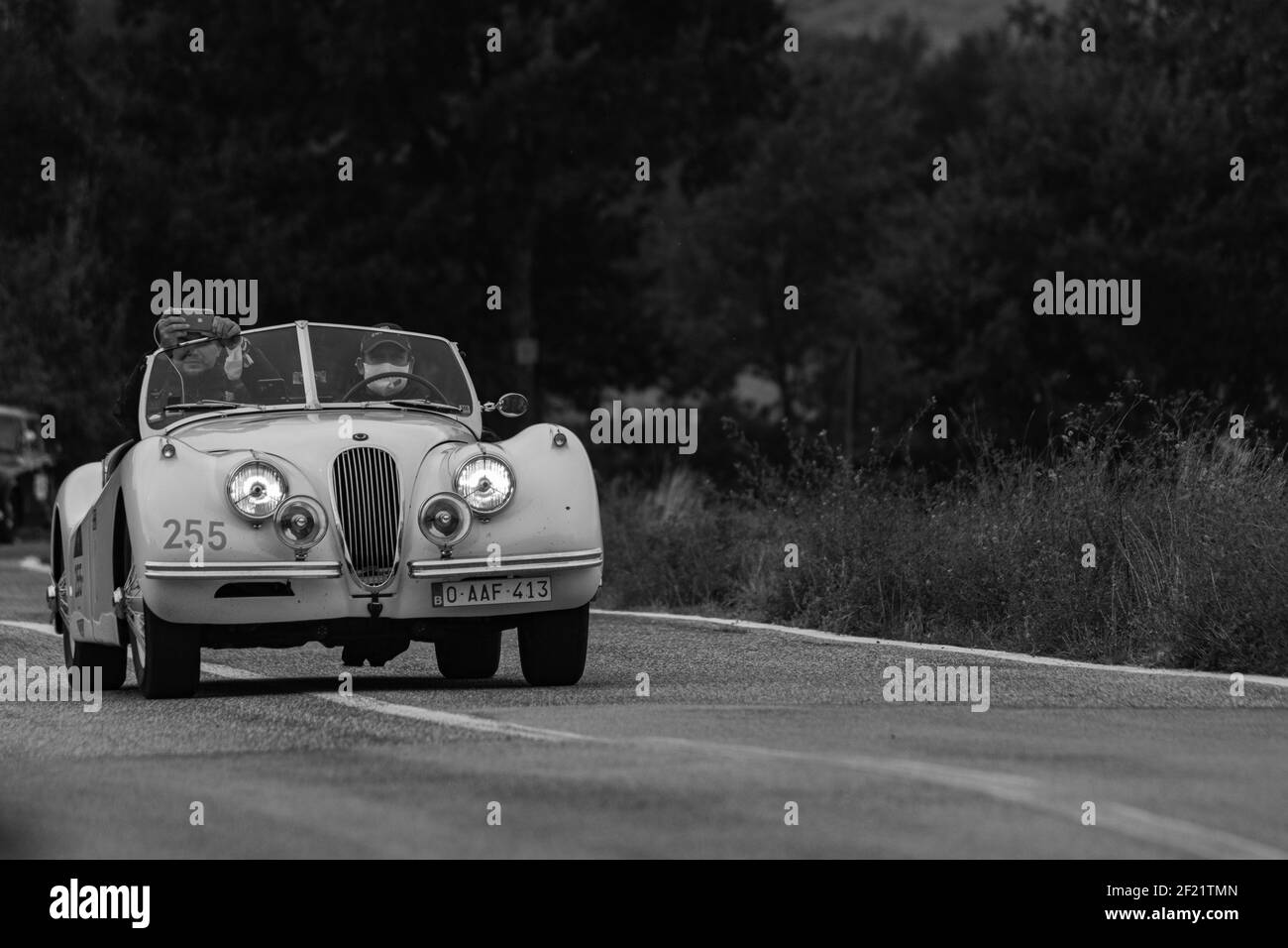 CAGLI, ITALY - Oct 22, 2020: CAGLI , ITALY - OTT 24 - 2020 : JAGUAR XK 120 SE OTS 1954 on an old racing car in rally Mille Miglia 2020 the famous ital Stock Photo