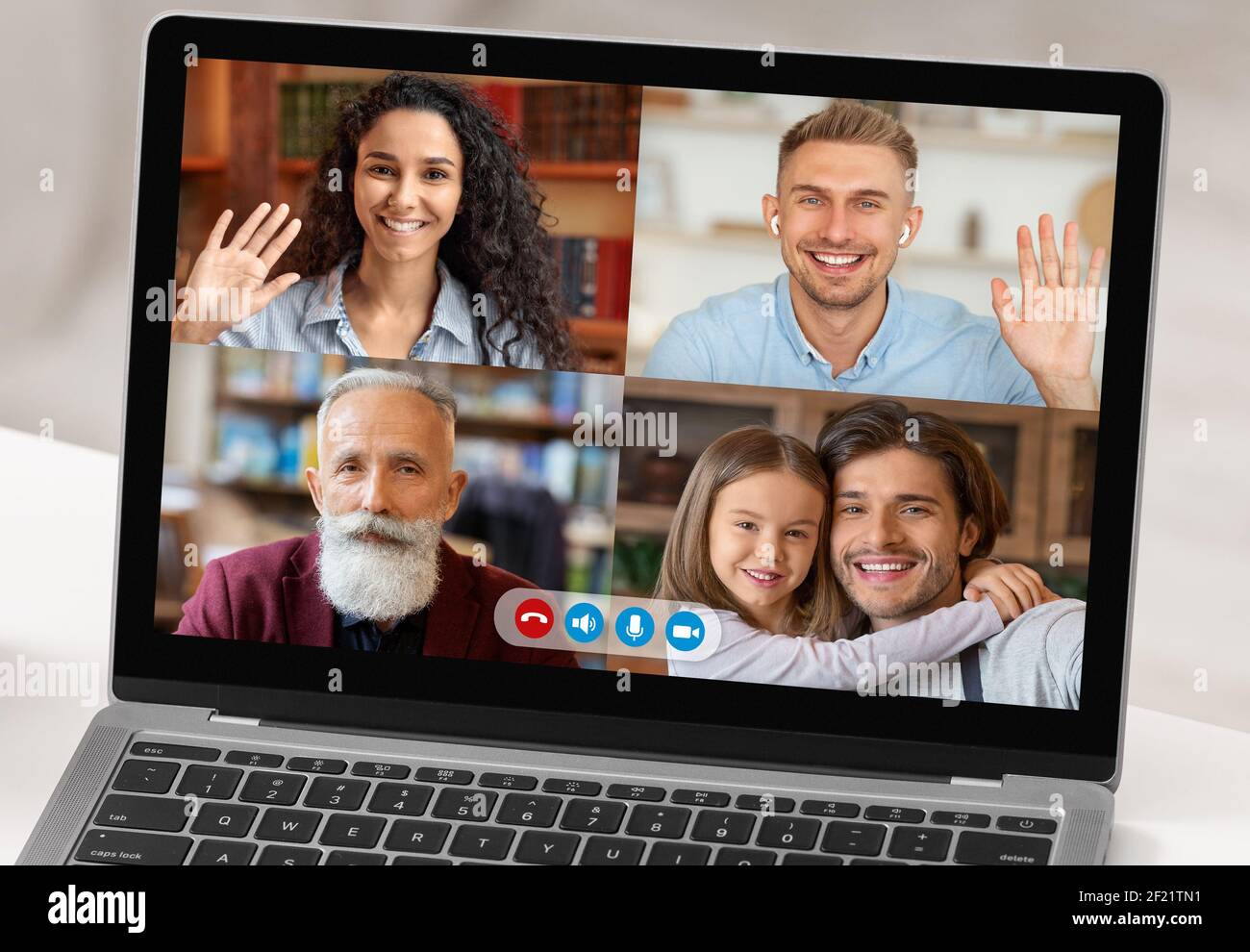 Family online conference, video call, congratulations on holiday and human positive emotion during covid-19 lockdown Stock Photo