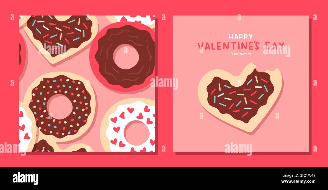Happy Valentine's Day greeting card and seamless pattern set. Cute heart shape donut with pink chocolate cookie cartoon collection. February 14 holida Stock Vector