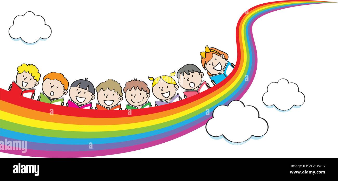 vector cartoon reading kids with rainbow border frame background Stock Vector