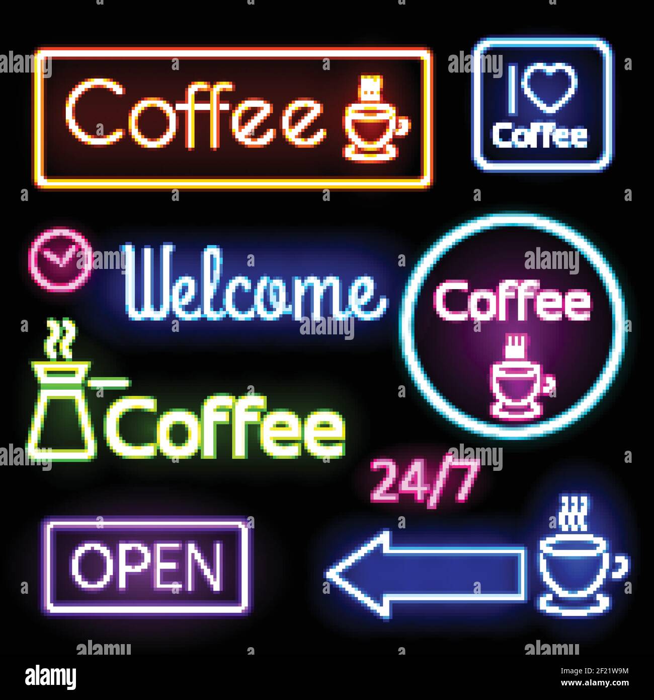 Bright neon signs for you cafe, bar. Coffee, open, Vector