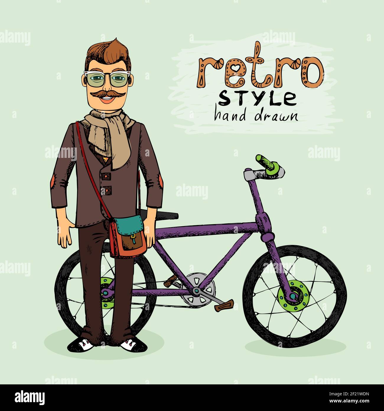 hipster young man with bike vector illustration sketch Stock Vector
