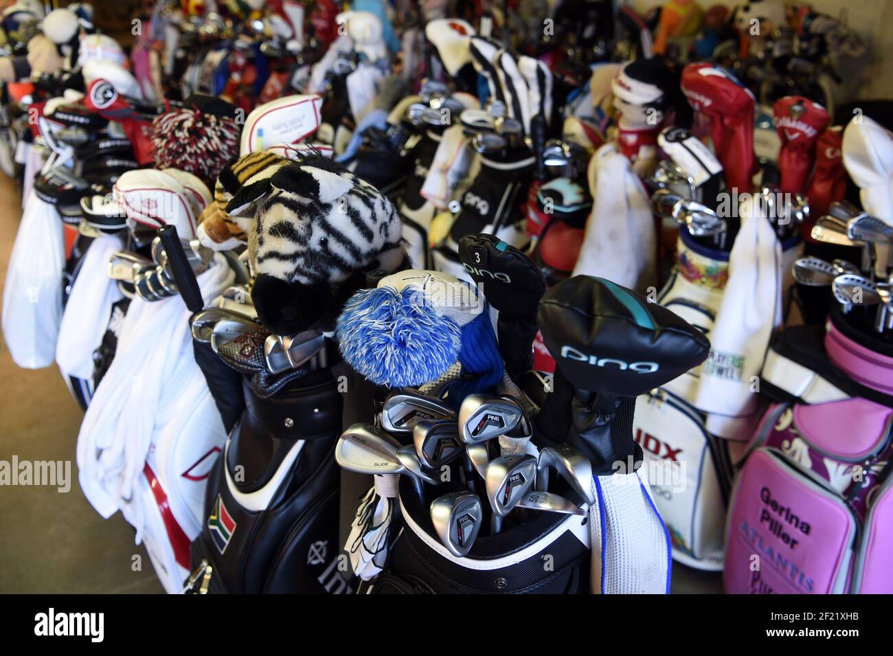 Golf bags of womens players during the practice round of LPGA Evian Championship 2016, day 2, at Evian Resort Golf Club, in Evian-Les-Bains, France, on September 13, 2016. Photo Philippe Millereau / KMSP / DPPI Stock Photo